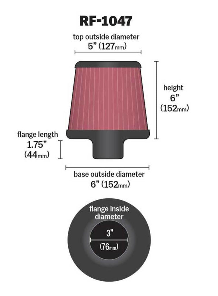 K&N Round Tapered Universal Air Filter 3 inch Flange 6 inch Base 5 inch Top 6 inch Height