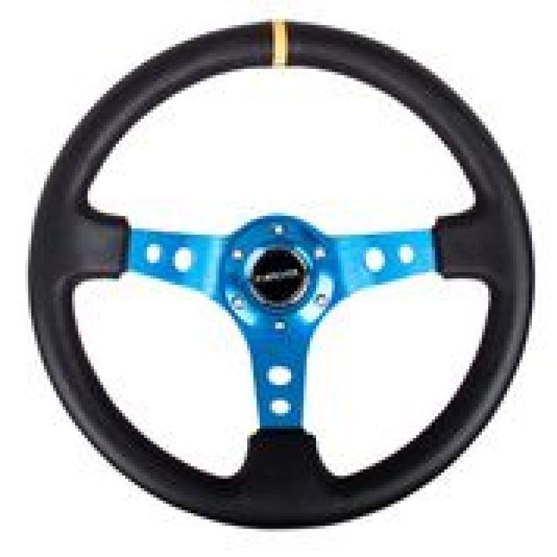 NRG Reinforced Steering Wheel (350mm / 3in. Deep) Blk Leather w/Blue Cutout Spoke & Single Yellow CM